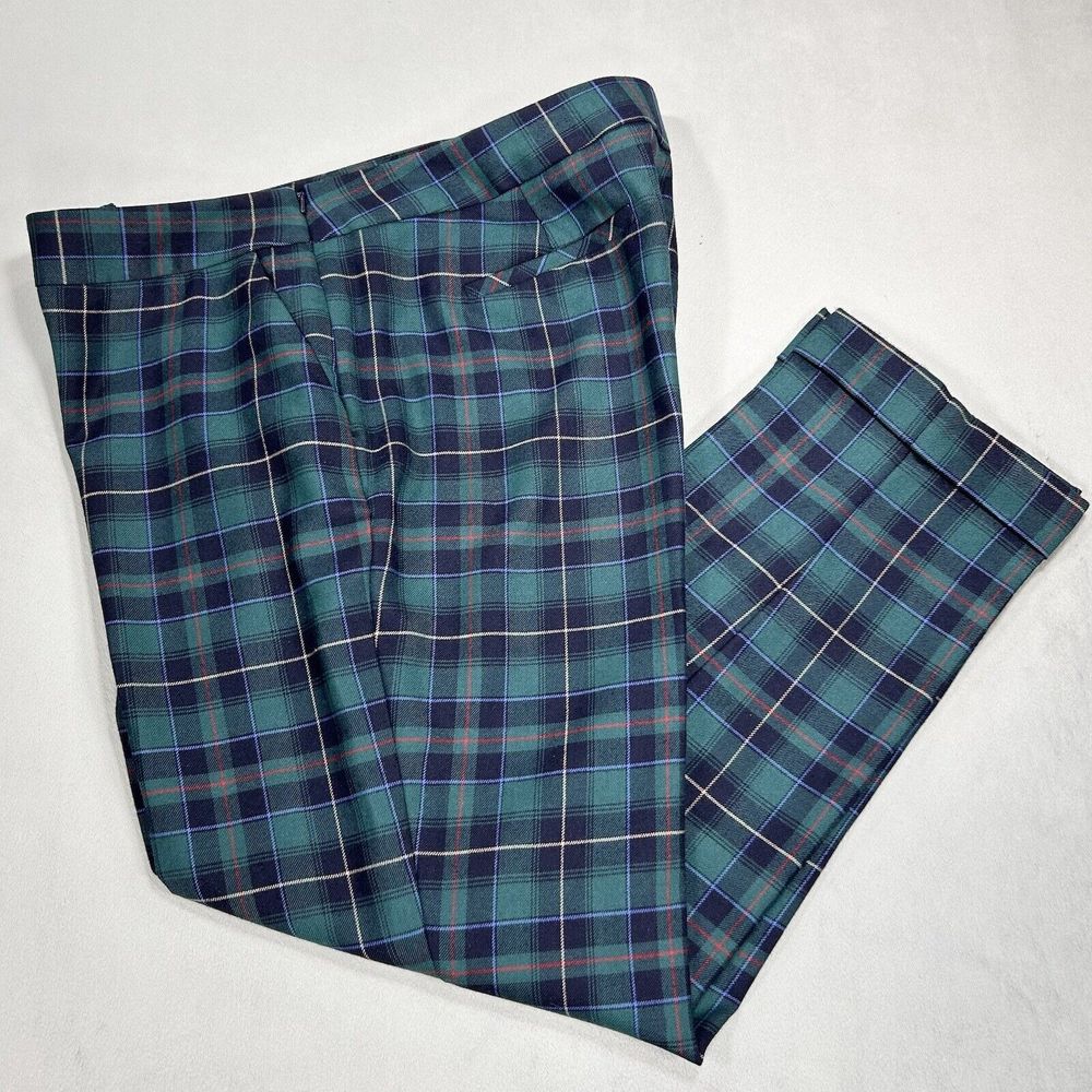 Talbots Dress Pants Women’s 16 Blue Green Tartan Plaid Pockets Side Zip Casual